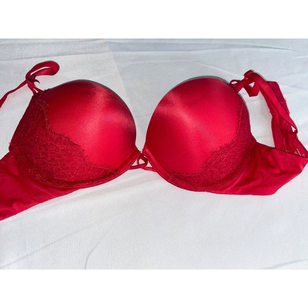 Victoria Secret 34B bra Push Up Plunge Bombshell ADD 2 Cup Red Lace Sexy Women's